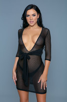 Sheer Half Sleeve Knit Plunging Cover Up Dress