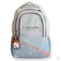 Flaming Baseball Bag Tag on Backpack