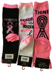 3 Pack of Breast Cancer Knee High Socks Power-Peace-Think