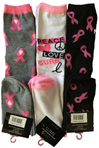 3 Pack of Breast Cancer Knee High Socks Grey/Pink, Peace/Love, Black/Pink