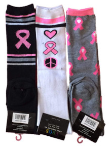 3 Pack of Breast Cancer Knee High Socks Black/Pink, White/Peace, Grey/Pink