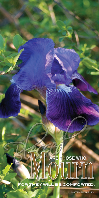 Church Banner featuring Purple Iris with Message from Beatitudes Series