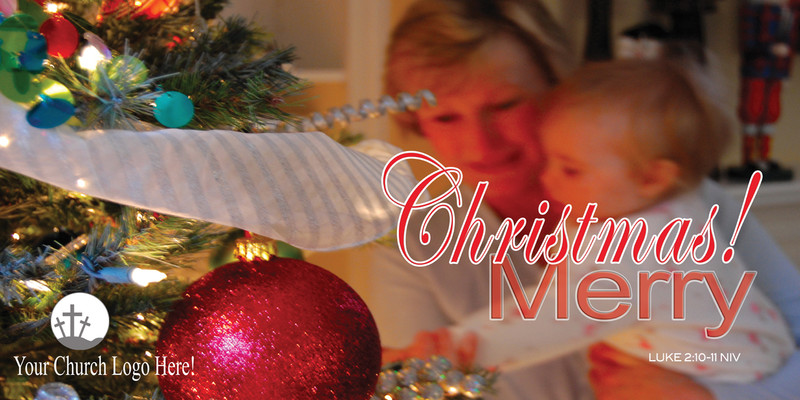 Church Banner featuring Woman and Child Near Tree with Merry Christmas Theme