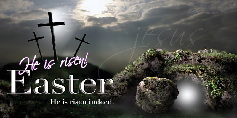 Church Banner featuring Golgotha and Empty Tomb with He Is Risen Easter Theme