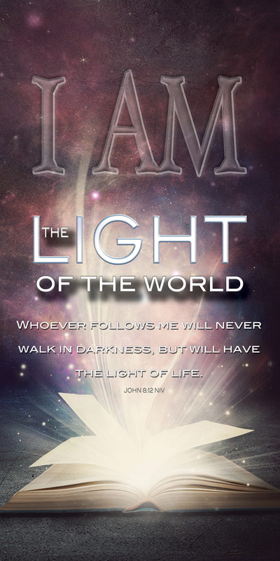 Church Banner featuring Bible/Fireworks with I Am the Light of the World Theme