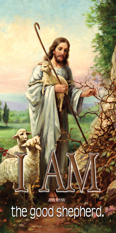 Church Banner featuring Jesus Holding Lamb with I Am The Good Shepherd Theme