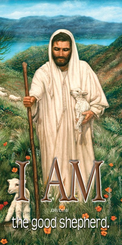 Church Banner featuring Jesus/Lambs with I Am The Good Shepherd Theme