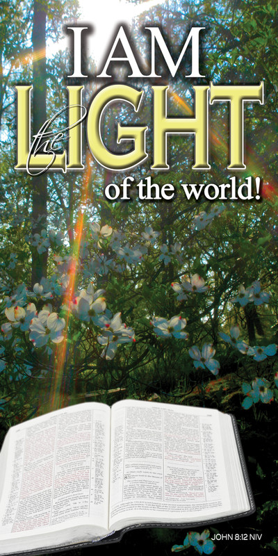 Church Banner featuring Bible/Sun Rays with I Am the Light of the World Theme