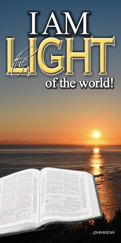 Church Banner featuring Bible/Sunset with I Am the Light of the World Theme