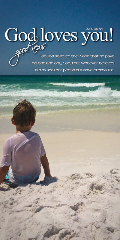 Church Banner featuring Young Boy Looking at Ocean with God Loves You Theme