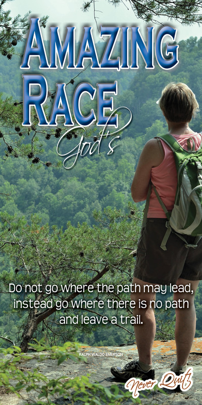 Church Banner featuring Female Hiker at Overlook Point with Motivational Theme