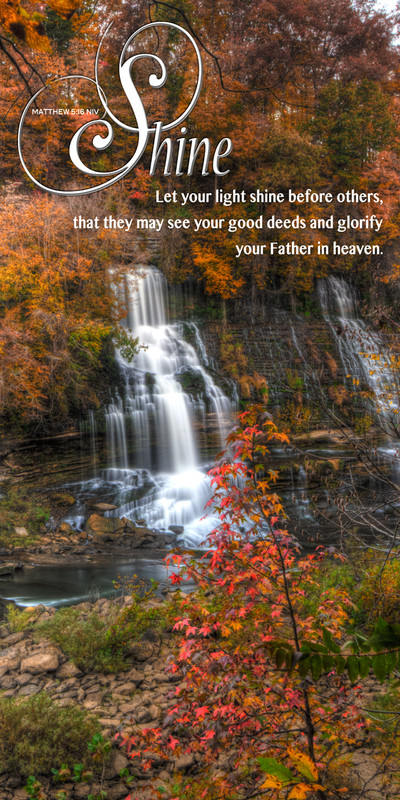Church Banner featuring Fall Colors Waterfall with Let Your Light Shine Theme
