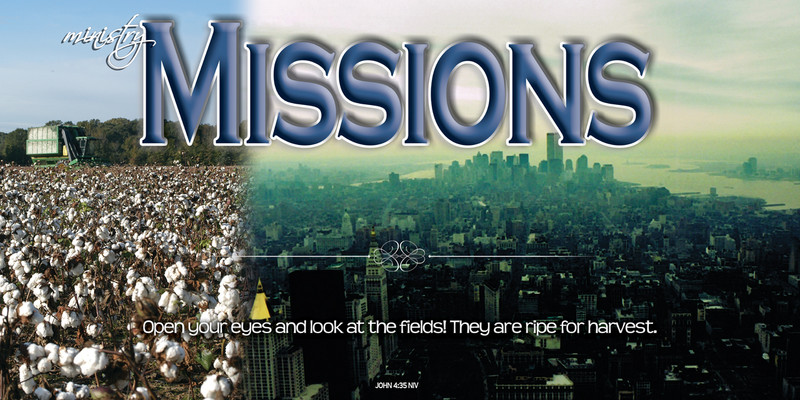 Church Banner featuring Fields and City with Missions Theme
