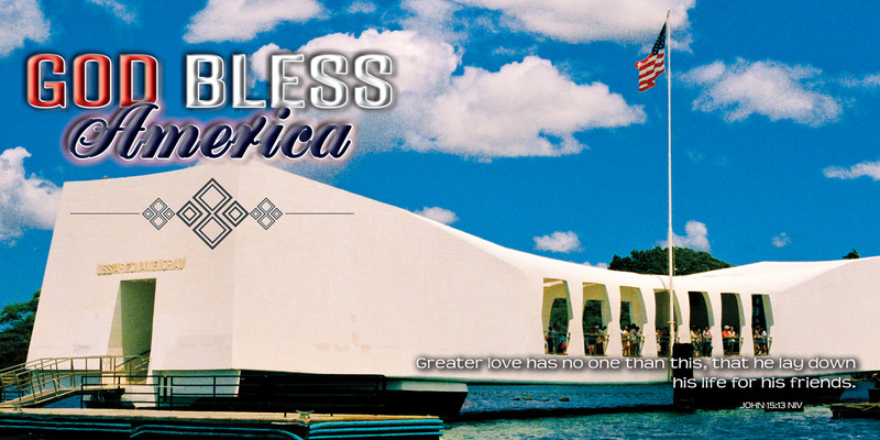 Church Banner featuring Arizona Memorial with GOD Bless America Theme