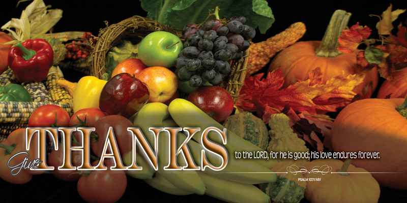 Church Banner featuring Vegetable/Fruit Cornucopia with Thanksgiving Theme