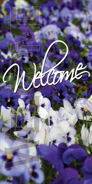 Church Banner featuring Purple/White Flowers and Welcome Theme