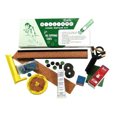 Everything you need to replace a tip, kit includes a tube of tweetens 10-minute cement, pre-chalked leather tips, tip clamp, top sander, scuffer, 3 pieces of Master blue chalk and table spots.