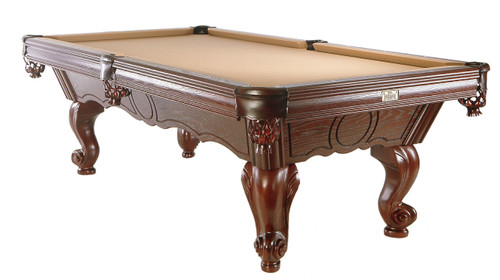 Duchess billiard tables are elegant from top to bottom and makes a statment.  The fine detailing on the apron, rich solid oak rails and beautiful solid oak rams head legs featured on this pool table are sure to please the whole family.  There is an unlimited choice of finishes and is available in the following sizes: 4' x8' and 41/2' x9'.