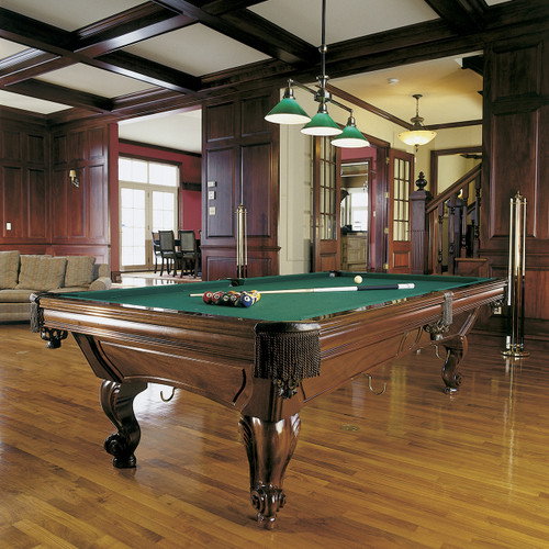 The Majesty billiard table brings elegant woodwork together with tournament quality design for a rich effect.  This is a solid maple pool table that is available in both Ram Head and Ball and Claw legs.  All pieces are numbered and fitted together just like in the good old days.