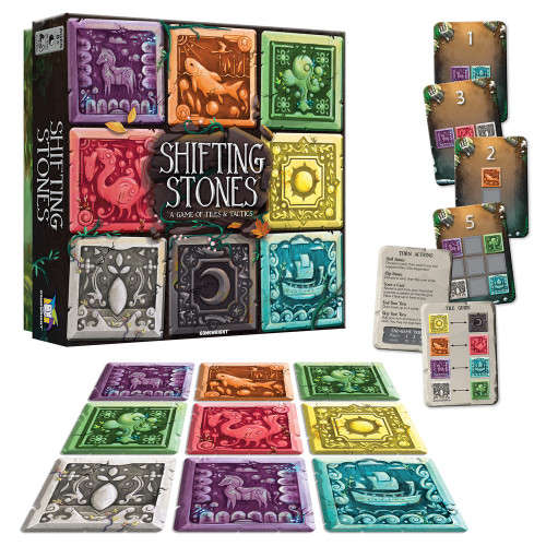 Leave no stone unturned! Nine mystical tiles lie before you in a grid of rocky ruins. Rearrange the tiles to match one or more of the patterns in your hand. The catch is that you must sacrifice a card every time you swap or flip a tile. Carve out the most points and your victory is set in stone! -description from the publisher
