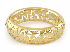 This double lock shiny gold plated  flower CZ bangle bracelet. The flower design is etched out in the bracelet and centered with cubic zirconias. Matching dangle earrings are available. designed by Lauren G. Adams. The bangle arrives with a manufacturer's warranty.