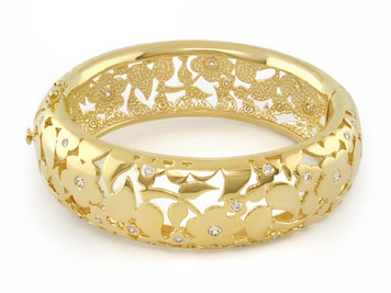 This double lock shiny gold plated  flower CZ bangle bracelet. The flower design is etched out in the bracelet and centered with cubic zirconias. Matching dangle earrings are available. designed by Lauren G. Adams. The bangle arrives with a manufacturer's warranty.
