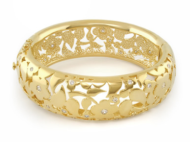 This double lock shiny gold plated  flower CZ bangle bracelet. The flower design is etched out in the bracelet and centered with cubic zirconias. Matching dangle earrings are available. designed by Lauren G. Adams. The bangle arrives with a manufacturer's warranty.