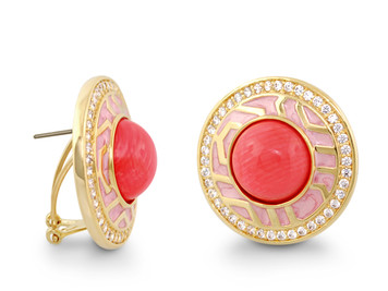 Chunky Town Pink Coral Gold earrings with french clip and Enamel, CZs. Designed by Lauren G Adams, Arrives with a manufactures warranty. 