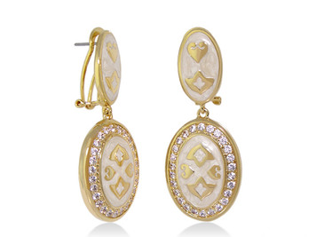 Exquisitely crafted earrings with white enamel & Cubic Zironias set in heavy gold plating.  Backs are a post with lever backs for a secure fit. Designed by Lauren G. Adams. Earrings arrive with manufacture's warranty. Matching bangle bracelet #DFLA204 and cocktail ring #DFLA218 available.