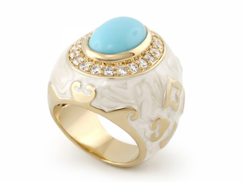 Finely crafted Cocktail ring with white enamel & cubic zirconias surrounding a beautiful center Turquoise stone designed by Lauren G Adams Available in size 7 only. Finely crafted heavily gold plated.