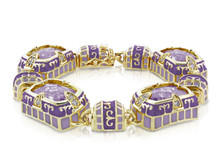 This stunning finely crafted bracelet will turn heads every time you wear it. Beautifully enameled, lavendar and clear cubic zirconias are set in heavy gold plating finished from front to back. Double secure clasp. Easy to put on. Quality is impeccable. 8 inches in length. Designed from the Lauren G Adams collection.  Bracelet arrives beautifully packaged for easy gifting or for you to enjoy also presented with manufacture's warranty. Love It!