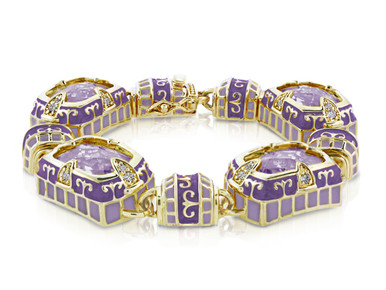 This stunning finely crafted bracelet will turn heads every time you wear it. Beautifully enameled, lavendar and clear cubic zirconias are set in heavy gold plating finished from front to back. Double secure clasp. Easy to put on. Quality is impeccable. 8 inches in length. Designed from the Lauren G Adams collection.  Bracelet arrives beautifully packaged for easy gifting or for you to enjoy also presented with manufacture's warranty. Love It!