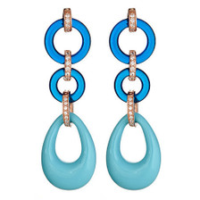 3 tier rose gold plated earrings with turquoise and ocean blue resin stones and crystals, pierced with butterfly backs. 2 -1/2 inches in length. 