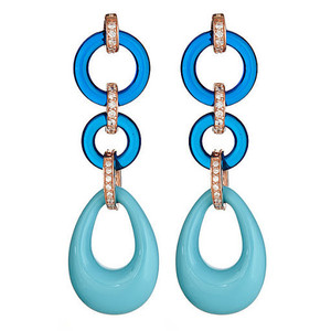 3 tier rose gold plated earrings with turquoise and ocean blue resin stones and crystals, pierced with butterfly backs. 2 -1/2 inches in length. 