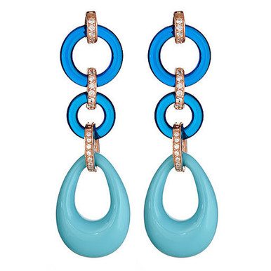 3 tier rose gold plated earrings with turquoise and ocean blue resin stones and crystals, pierced with butterfly backs. 2 -1/2 inches in length. 