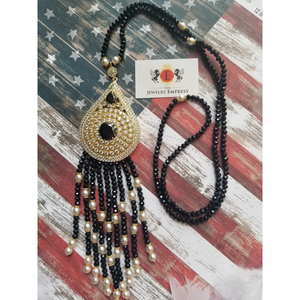 Black  & Pearl Beaded Necklace  set ( w/ earrings hoops) 