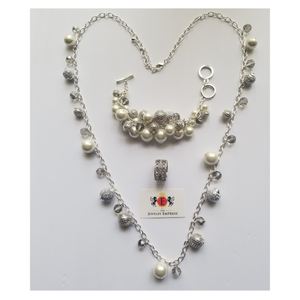 Silver Chain w Pearls, Crystal & Necklace & Bracelet set  