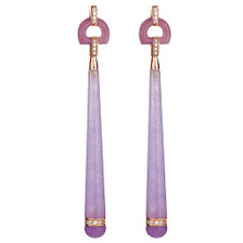 Beautiful Gem-Grade Resin Lavendar drop earrings with Cubic Zironia stones  - Rose Gold plated posts with butterfly backs. These special earrings will turn heads - so special, so you! Beautifully Cristina Satbatini! 3 inches in length.