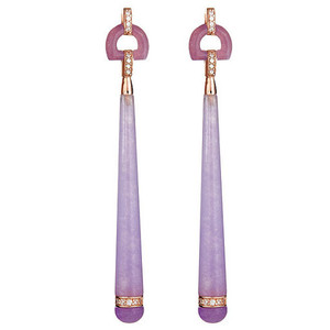 Beautiful Gem-Grade Resin Lavendar drop earrings with Cubic Zironia stones  - Rose Gold plated posts with butterfly backs. These special earrings will turn heads - so special, so you! Beautifully Cristina Satbatini! 3 inches in length.