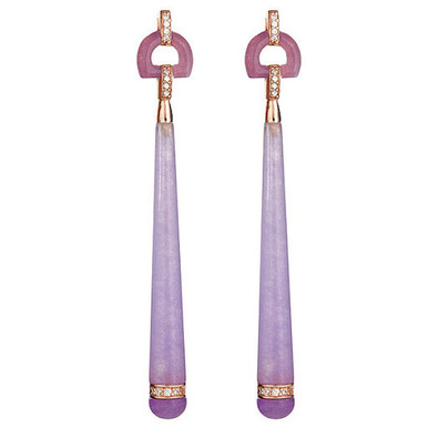 Beautiful Gem-Grade Resin Lavendar drop earrings with Cubic Zironia stones  - Rose Gold plated posts with butterfly backs. These special earrings will turn heads - so special, so you! Beautifully Cristina Satbatini! 3 inches in length.