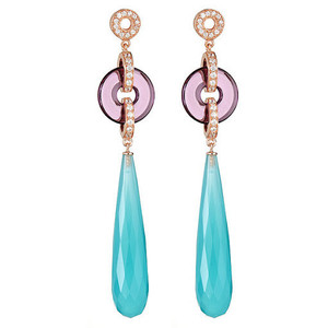 These high fashion statement earrings are made from Amethst and Aqua gem-grade resin, cubic zirconium, and sterling silver clad in stunning rose gold plating. Overall Length 3.25 inches. 