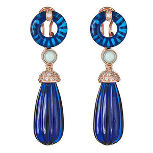 Exquisitely crafted with Aqua and Sapphire gem-grade resin.These beautiful drop earrings are encrusted with clear cubic zirconias and sterling silver clad in rose gold plating with post lever backs. 2 inches in length.