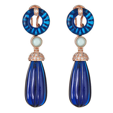 Exquisitely crafted with Aqua and Sapphire gem-grade resin.These beautiful drop earrings are encrusted with clear cubic zirconias and sterling silver clad in rose gold plating with post lever backs. 2 inches in length.