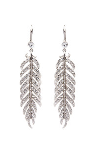 Crystal feather dangle silver tone pierced lever back earrings with shiny bright swarovski crystal elements. The pierced crystal feather drop earrings are lead nickel and cadmium compliant., 3 inches in length.
