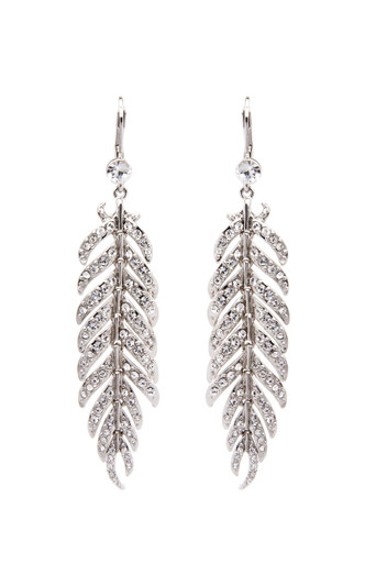 Crystal feather dangle silver tone pierced lever back earrings with shiny bright swarovski crystal elements. The pierced crystal feather drop earrings are lead nickel and cadmium compliant., 3 inches in length.