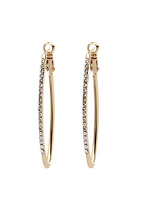 These 2 inch in length, lever back pierced Almond Shaped hoops have a row of shiny Swarovski crystals that sparkle, they go from the office into the evening, perfect for any occassion. Quality exceptional. Available in gold or silver tone materials and are lead & nickel Free and cadmium compliant.  Extremely comfortable fit. They will arrive beautifully packaged in gold tissue in a organza bag ready for gifting or for the wonderful you! 