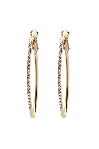 These 2 inch in length, lever back pierced Almond Shaped hoops have a row of shiny Swarovski crystals that sparkle, they go from the office into the evening, perfect for any occassion. Quality exceptional. Available in gold or silver tone materials and are lead & nickel Free and cadmium compliant.  Extremely comfortable fit. They will arrive beautifully packaged in gold tissue in a organza bag ready for gifting or for the wonderful you! 