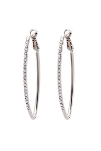 These 2 inch in length, lever back pierced Almond Shaped hoops have a row of shiny Swarovski crystals. Available in gold or silver tone materials, lead & nickel free and cadmium compliant.  