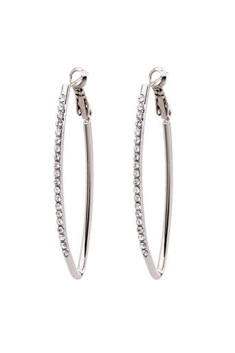 These 2 inch in length, lever back pierced Almond Shaped hoops have a row of shiny Swarovski crystals. Available in gold or silver tone materials, lead & nickel free and cadmium compliant.  