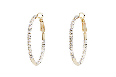 Silver tone 1-1/2" gold-tone Hoops made with Swarovski elements, Crystals inside hoop and out, Lead nickel & cadmium compliant. Also available in Silver tone. 